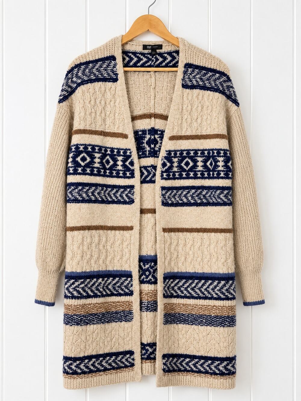 Frye Womens L Fair Isle Cardigan Cream Navy Open Front Longline Sweater Western